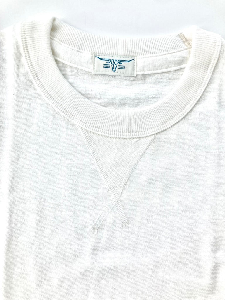 Close-up of Vintage Pre-War White T-Shirt by Stratton Suspender Co. showcasing heritage American craftsmanship, durable heavyweight fabric, and classic V-stitch detail. Ethically made for timeless menswear, inspired by 1940s workwear.