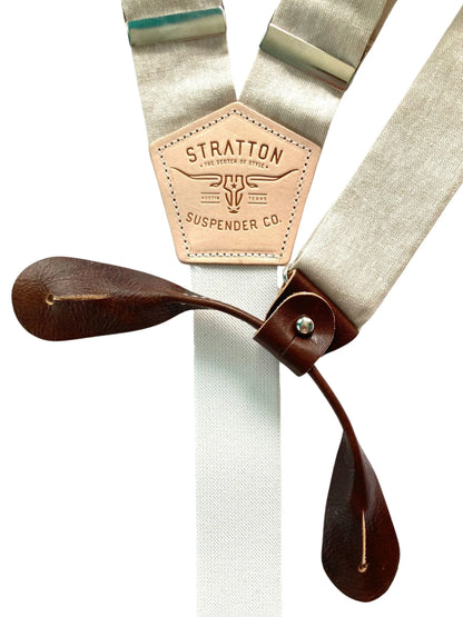 Ivory Beige Button-On Suspenders with Chocolate Brown Leather attachments, handmade for weddings, groomsmen, and formalwear. Vintage-inspired linen suspenders with classic button-on braces for a timeless Rustic American style. Ethically crafted in Texas, USA.