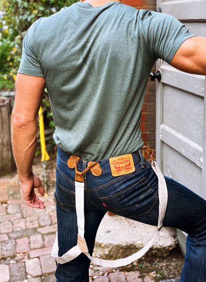 Ivory Beige Linen Magnetic Clasp Suspenders – Heritage American Style with Vintage Levi’s – Austin Texas Menswear