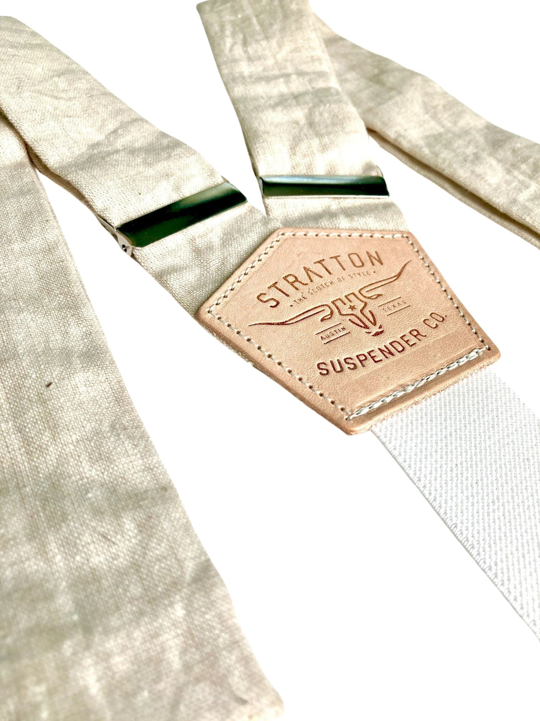 Ivory Beige Linen Suspenders with a premium soft woven elastic back strap, designed for weddings, formalwear, and vintage menswear. Handmade in Texas, USA, these suspenders offer a timeless Heritage American style with heirloom-quality craftsmanship.
