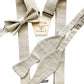 Ivory beige self-tie linen bow tie with matching suspenders and pre-tied bow tie option, ideal for neutral-toned weddings, groomsmen, or rustic formal menswear.
