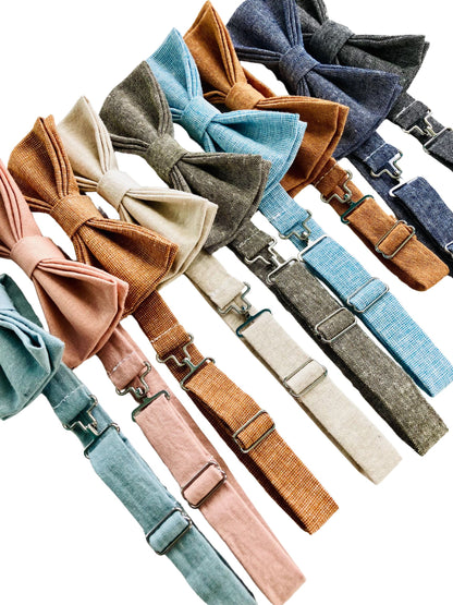 Close-up of handmade linen pre-tied wedding bow ties in assorted colors with premium silver-toned clasps, perfect for groomsmen, formal events, or men’s dresswear. Includes dusty rose, powder blue, beige, olive, roasted pecan, burnt orange, denim blue, and black.