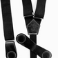 Close-up of magnetic clasp system on black women's suspenders with full-grain leather and contrast stitching