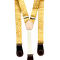 Marigold yellow floral suspenders for women with chocolate leather magnetic clasps, vintage boho accessory.