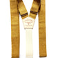 Rustic marigold yellow suspenders with a cream elastic Y-back and brushed metal hardware, shown flat with Stratton leather logo patch.