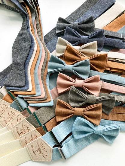 Coordinated self-tie and pre-tied bow ties with matching linen suspenders from Stratton Suspender Co. Perfect for rustic weddings, groomsmen outfits, and heritage-inspired menswear. Handmade accessories in natural tones and textured fabrics.