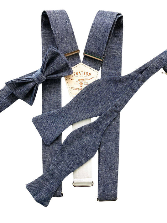 Men’s denim blue linen bow tie and suspenders set with both pre-tied and self-tie bow tie options—ideal for rustic weddings, groomsmen attire, and formalwear with Western charm.