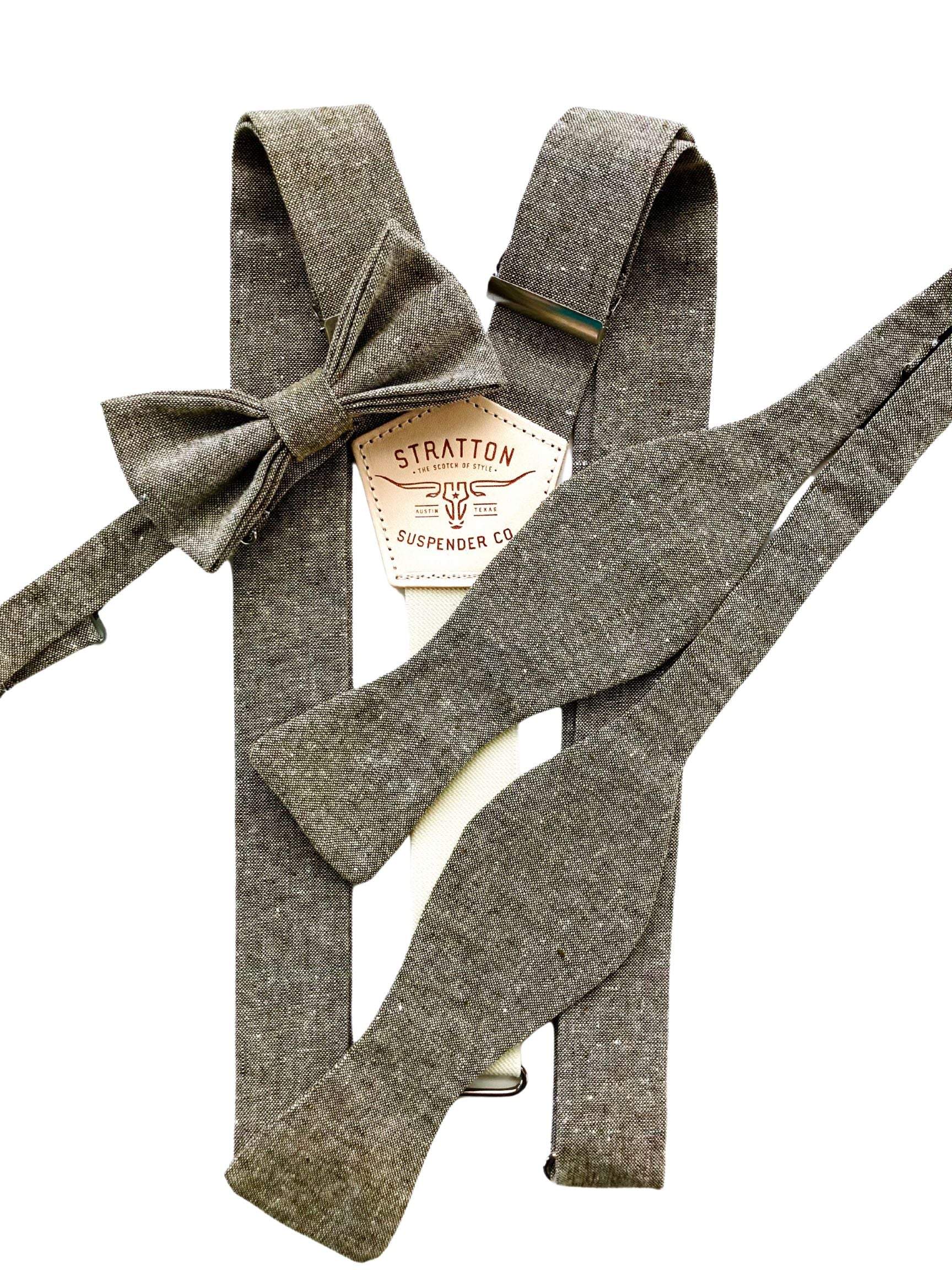 Moss green self-tie linen bow tie with matching suspenders and pre-tied bow tie option, perfect for weddings, groomsmen, or rustic formalwear.