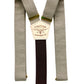 Neutral mushroom and espresso brown linen suspenders with gold hardware and leather detailing from Stratton Suspender Co.
