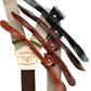 Neutral-toned suspenders in mushroom and espresso brown with four leather tab color options, laid out for groomsmen styling.