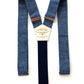 Full view of Stratton Suspender Co. nautical blue linen suspenders with navy back strap, ideal for groomsmen, rustic weddings, vintage menswear, or formal events.