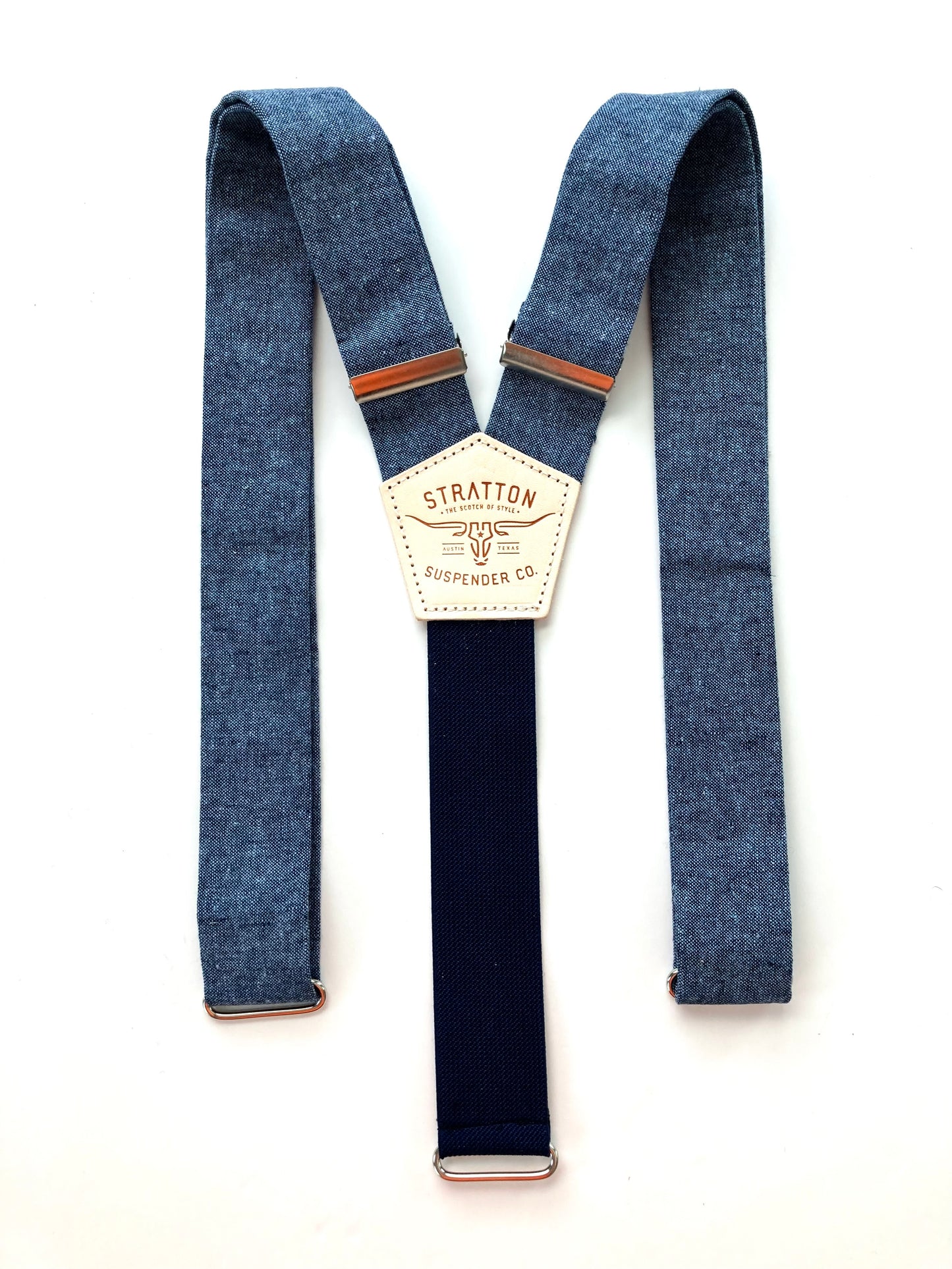 Full view of Stratton Suspender Co. nautical blue linen suspenders with navy back strap, ideal for groomsmen, rustic weddings, vintage menswear, or formal events.