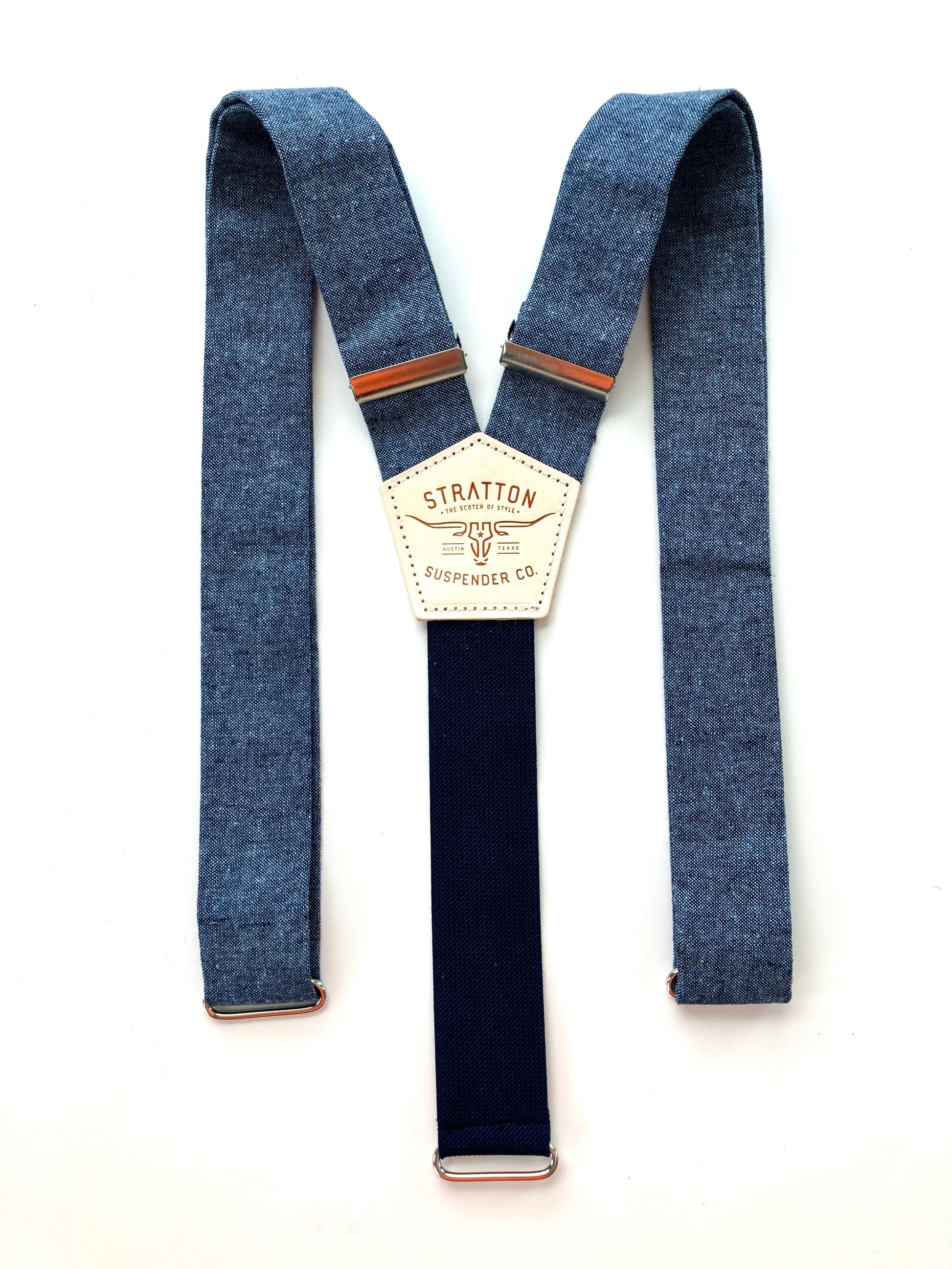 Full view of Stratton Suspender Co. nautical blue linen suspenders with navy back strap, ideal for groomsmen, rustic weddings, vintage menswear, or formal events.