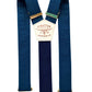 Formal men’s suspenders in navy and midnight blue with gold accents, ideal for weddings