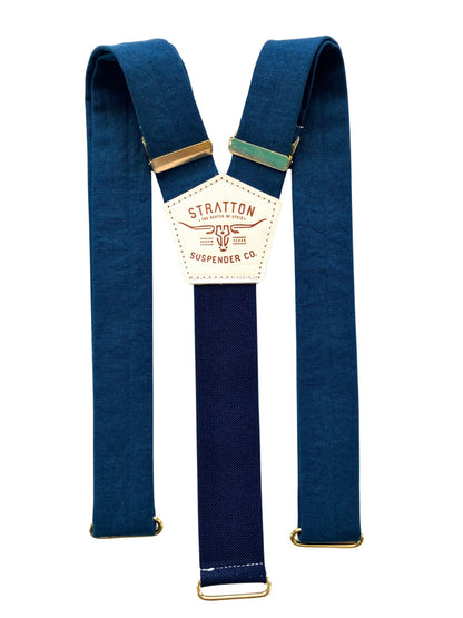 Formal men’s suspenders in navy and midnight blue with gold accents, ideal for weddings