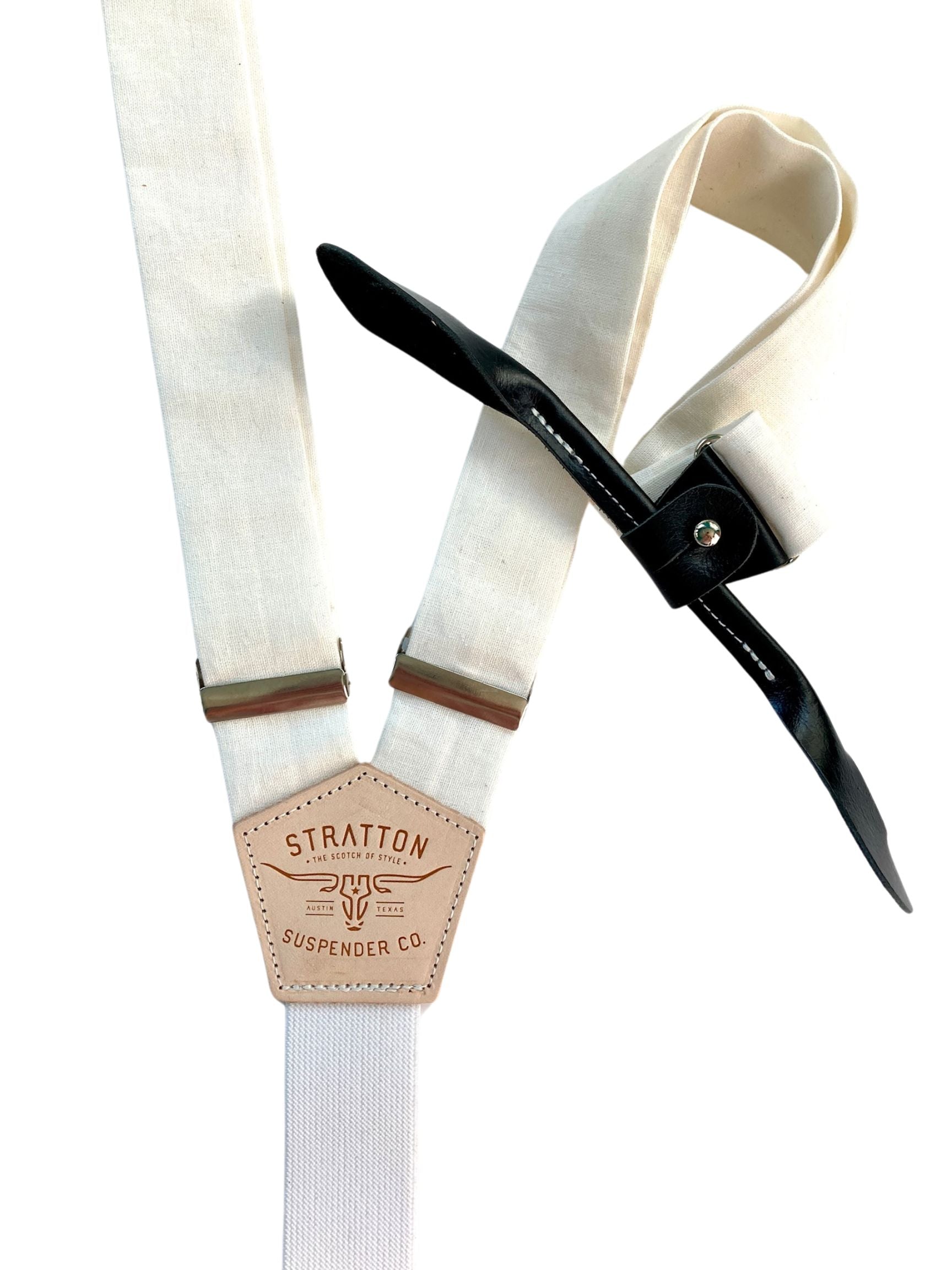 Pearl white linen wedding suspenders with black leather button-on ends, handcrafted by Stratton Suspender Co for formalwear, groomsmen, or rustic weddings.