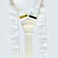 Pearl white tuxedo suspenders with gold hardware, crafted from premium linen and leather. Classic button-on braces for grooms, groomsmen, and vintage menswear. A timeless wedding accessory.