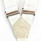 Women’s white linen suspenders with ivory leather back patch stamped Handmade in USA – artisan detail view