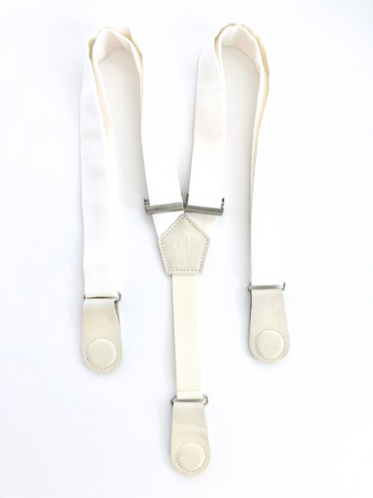 White linen suspenders for women with ivory magnetic leather clasps – minimalist American-made accessory