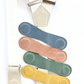 Pearl white women’s suspenders with pastel leather magnetic clasps – handmade linen suspenders in ivory, blush pink, sage green, blue, and yellow