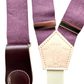 Back detail of plum linen women’s suspenders with wine leather magnetic clasps and premium stitching.