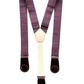 Plum linen women’s suspenders with wine leather magnetic clasps, handcrafted in Texas for capsule wardrobes and seasonal outfits.
