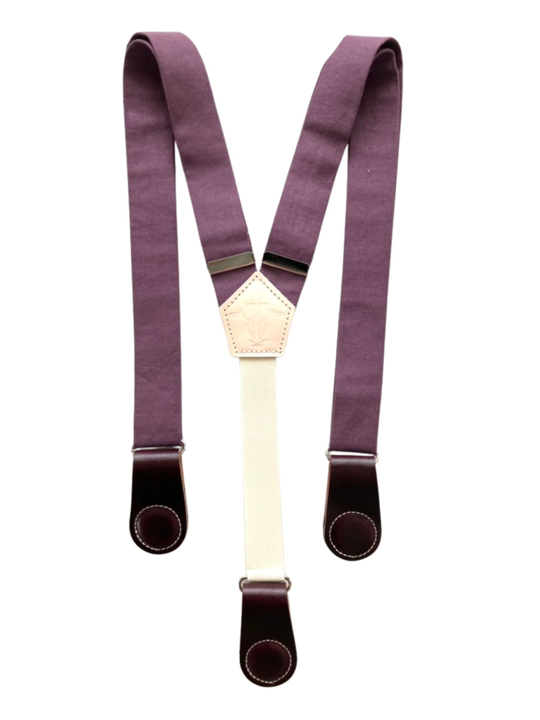 Plum linen women’s suspenders with wine leather magnetic clasps, handcrafted in Texas for capsule wardrobes and seasonal outfits.