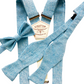Powder blue handwoven self-tie linen bow tie with matching suspenders and pre-tied bow tie option, perfect for spring weddings, groomsmen, and stylish formal events. Also searchable under light blue bow tie set.