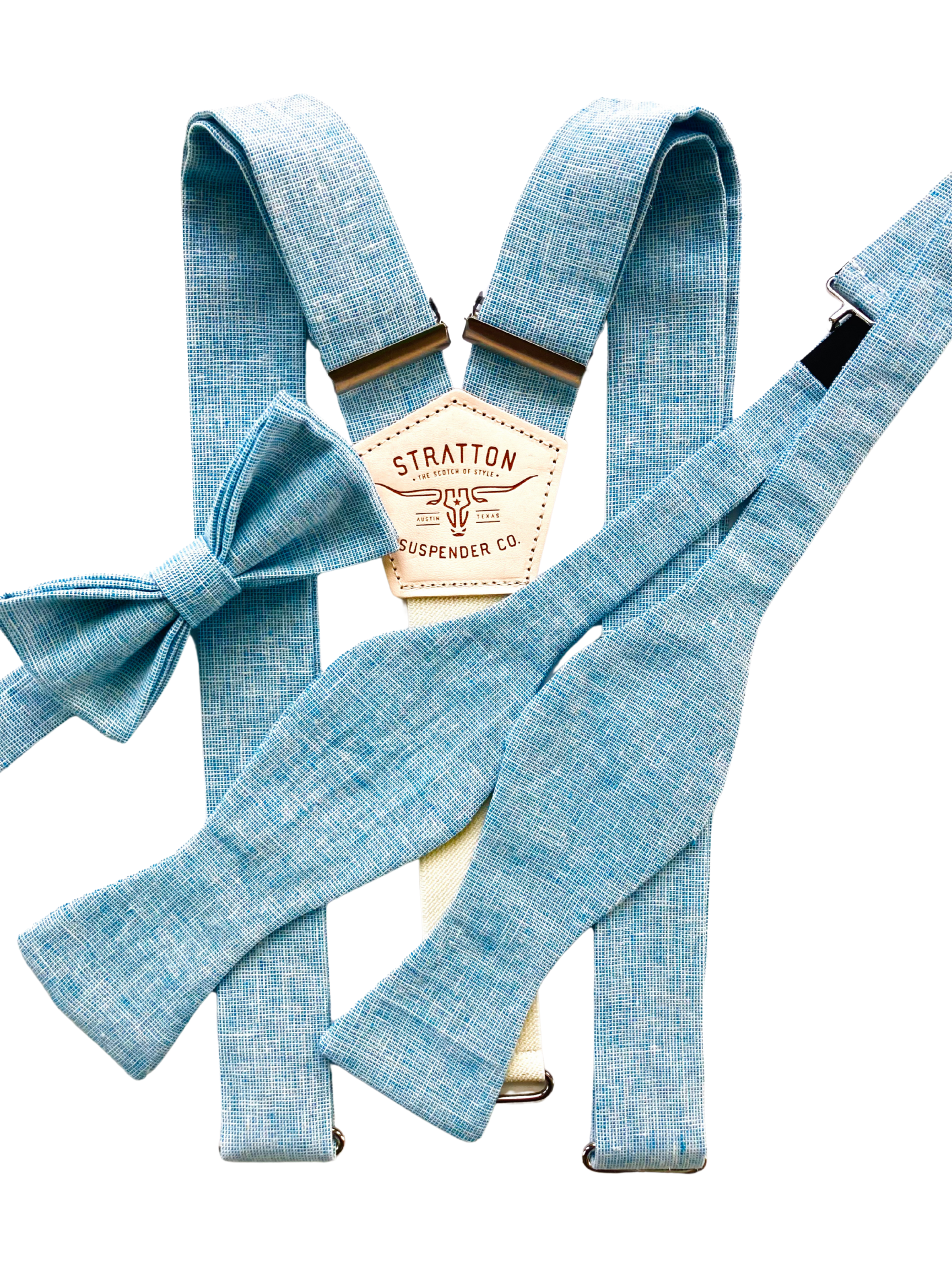 Powder blue handwoven self-tie linen bow tie with matching suspenders and pre-tied bow tie option, perfect for spring weddings, groomsmen, and stylish formal events. Also searchable under light blue bow tie set.