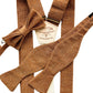 Handwoven roasted pecan brown self-tie bow tie with matching suspenders and pre-tied bow tie option, perfect for fall weddings, rustic groomsmen outfits, and formalwear in warm earth tones.