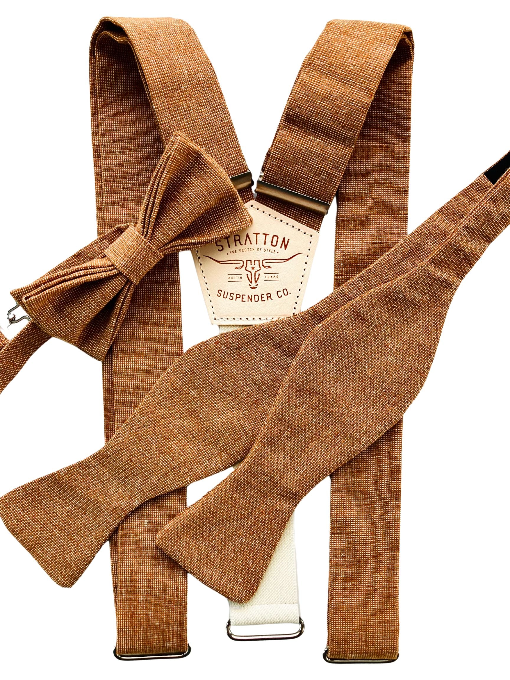 Handwoven roasted pecan brown self-tie bow tie with matching suspenders and pre-tied bow tie option, perfect for fall weddings, rustic groomsmen outfits, and formalwear in warm earth tones.