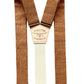 Flat lay of roasted pecan brown hand-woven linen suspenders with cream elastic back strap and Stratton Suspender Co. patch, designed for rustic wedding menswear, groomsmen gifts, or groom accessories.