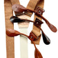Roasted pecan linen wedding suspenders with cream elastic back strap and button-on leather brace attachments in assorted shades, handcrafted by Stratton Suspender Co. for rustic groom or groomsmen attire.