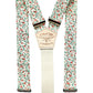 Rustic orange and green calico floral suspenders with cream elastic back and Stratton Suspender Co. leather patch, ideal for weddings, vintage menswear, and formal groomsmen attire.