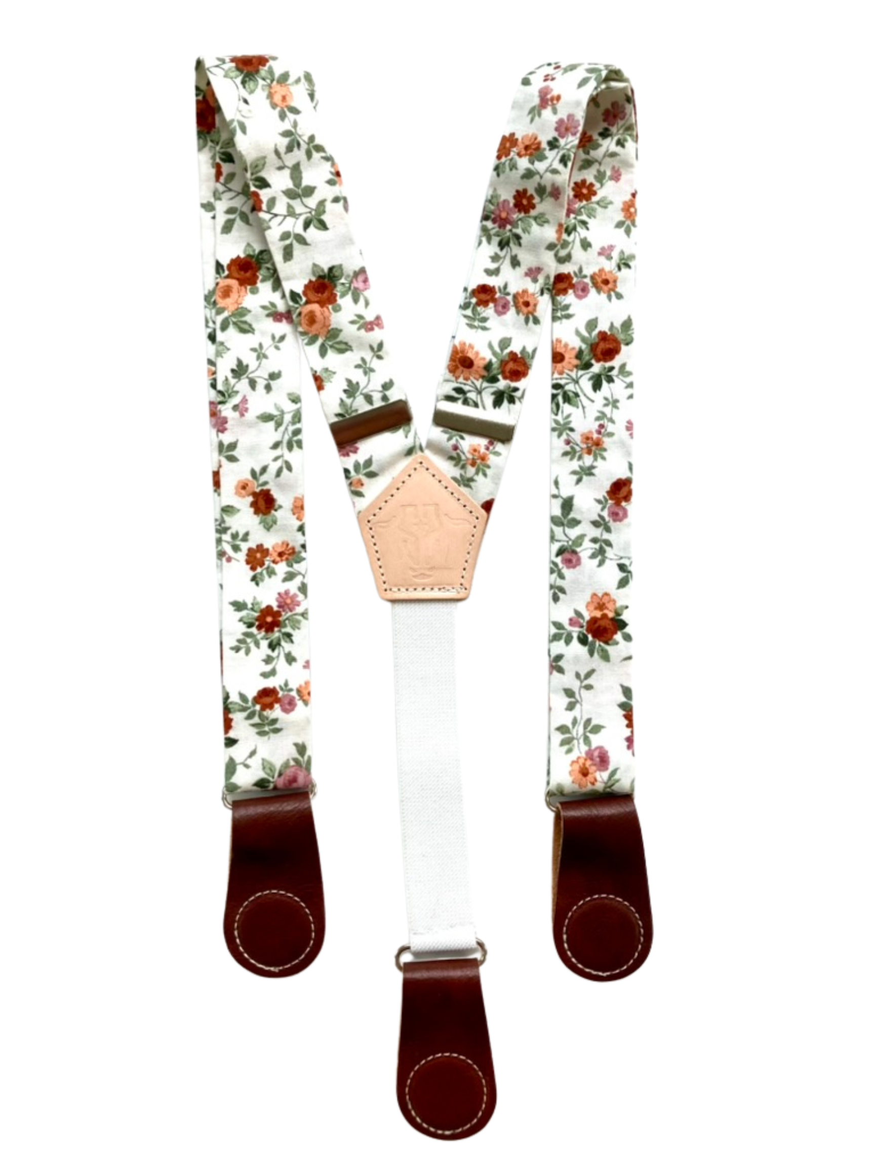 Rustic rose floral women’s suspenders with cognac leather magnetic clasps, handmade in Texas for vintage and boho style.