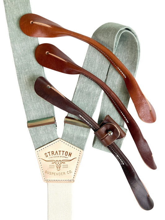 Sage green Brussels linen button-on suspenders with leather loops and cream elastic back, handmade in Texas—an elegant, nature-inspired wedding accessory for grooms and groomsmen.
