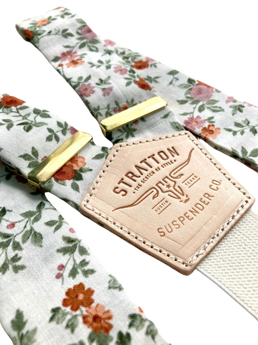 Sage Green, Burnt Orange, and Terracotta Floral Wedding Suspenders with Gold Adjusters – Handmade Button-On Braces by Stratton Suspender Co.