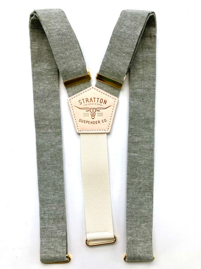 Sage green linen suspenders with ivory elastic back strap and gold adjusters, handmade for weddings, groomsmen, and classic formalwear.