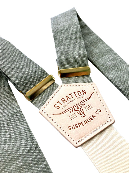 Sage green linen wedding suspenders with ivory elastic back strap and gold hardware, vintage button-on design for groomsmen and classic menswear.