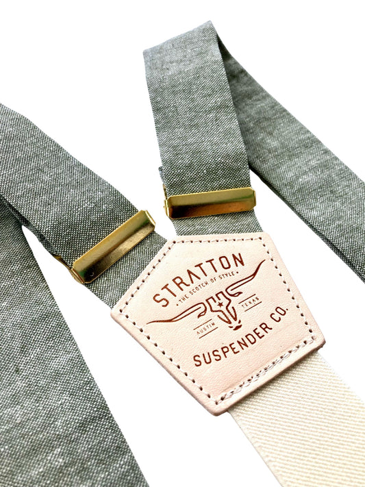 Sage green linen wedding suspenders with ivory elastic back strap and gold hardware, vintage button-on design for groomsmen and classic menswear.