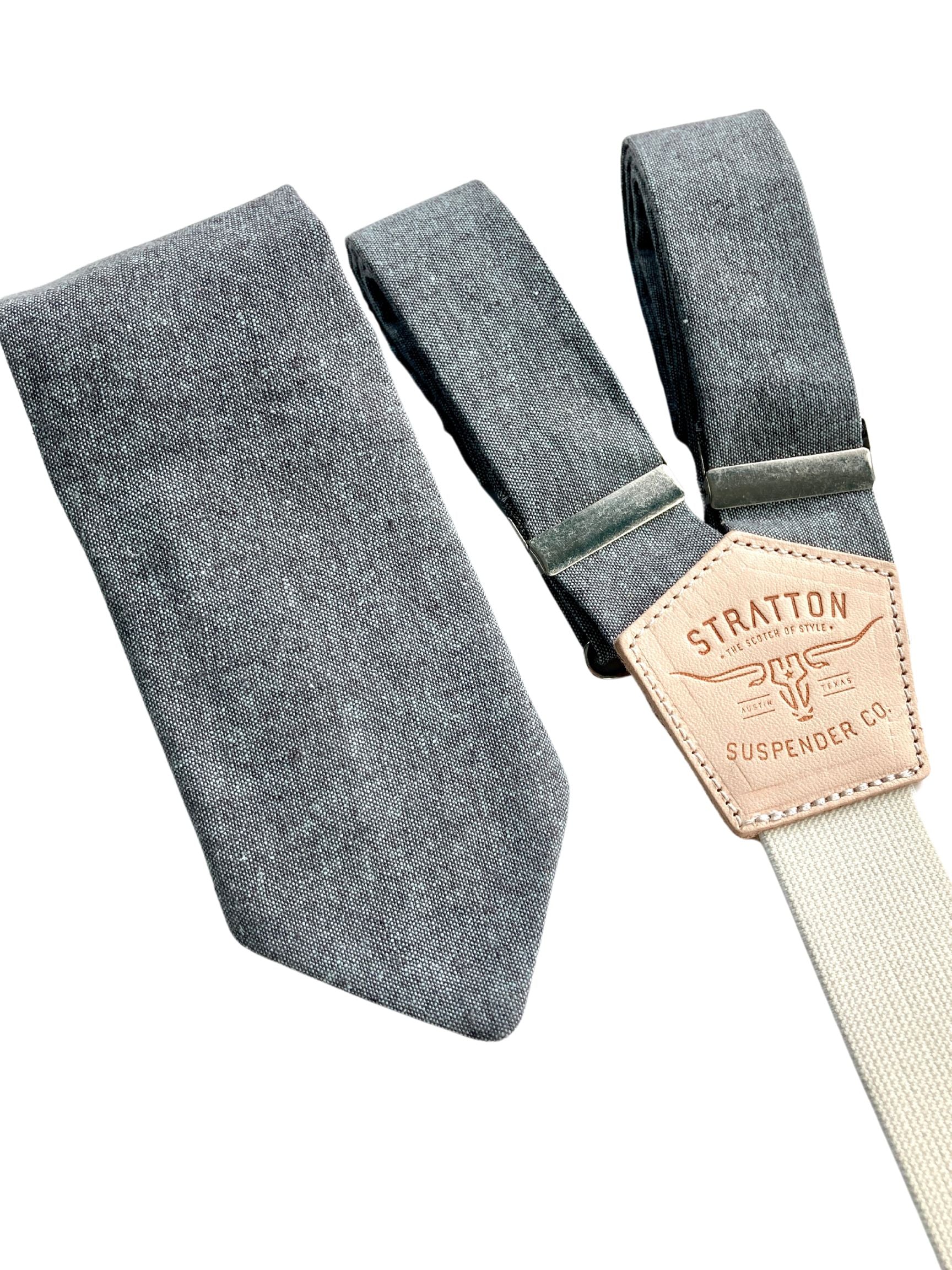 Shale Blue linen suspenders paired with optional matching necktie add-on, handmade by Stratton Suspender Co. in Austin, Texas—perfect for weddings and formal menswear.