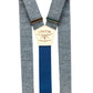 Sky blue linen suspender straps with a contrasting deep blue elastic back strap and silver adjusters, handmade by Stratton Suspender Co. for weddings, groomsmen, and vintage menswear.