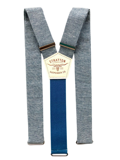 Sky blue linen suspender straps with a contrasting deep blue elastic back strap and silver adjusters, handmade by Stratton Suspender Co. for weddings, groomsmen, and vintage menswear.