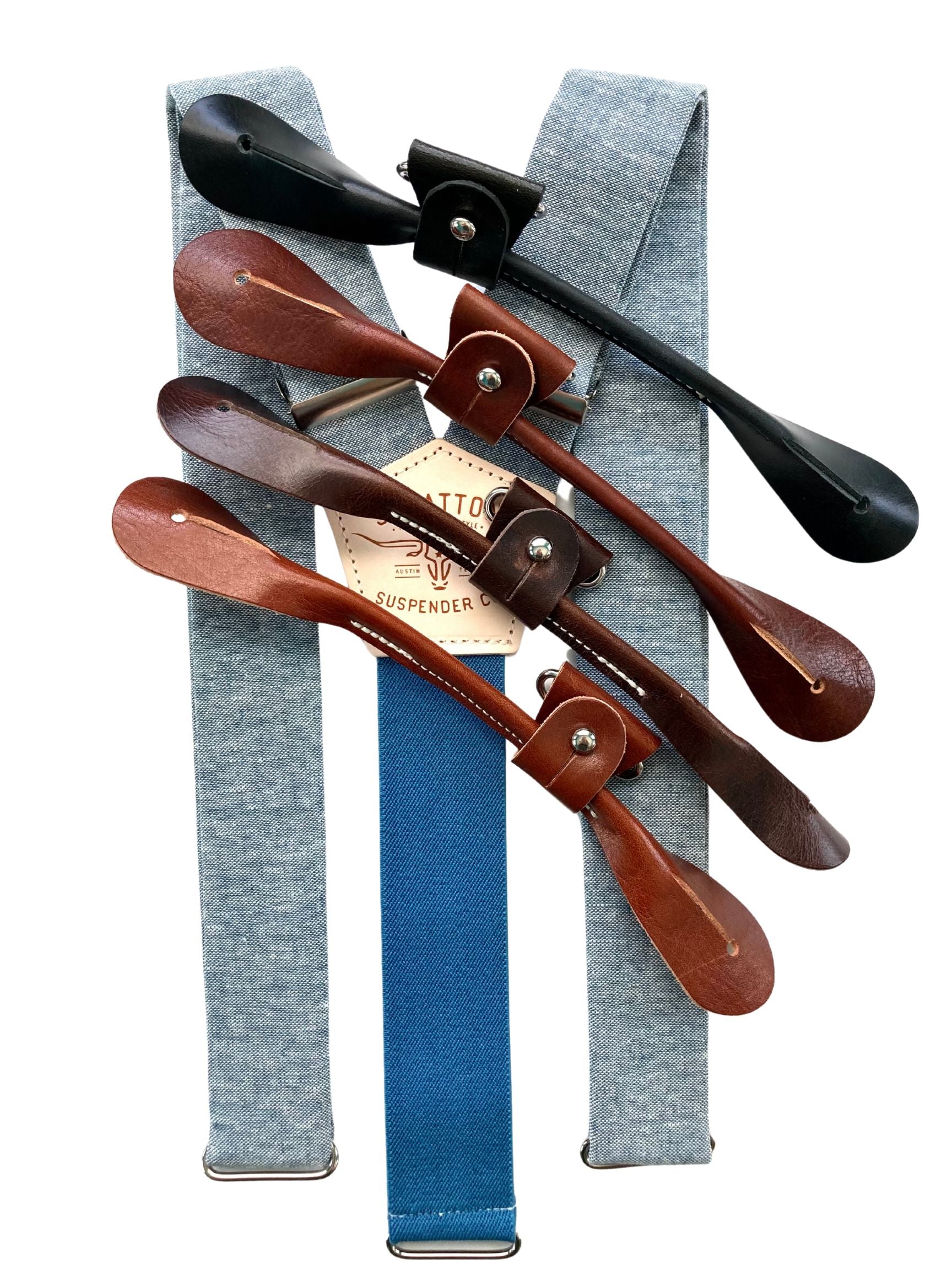 Sky blue linen suspenders with deep blue back strap and full-grain leather button-on ends in four color options — black, chocolate, cognac, and tan — handmade by Stratton Suspender Co. for groomsmen, vintage weddings, and refined menswear.
