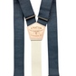 Back view of slate blue button-on suspenders with cream elastic and leather patch — handmade in USA for groomsmen or rustic weddings