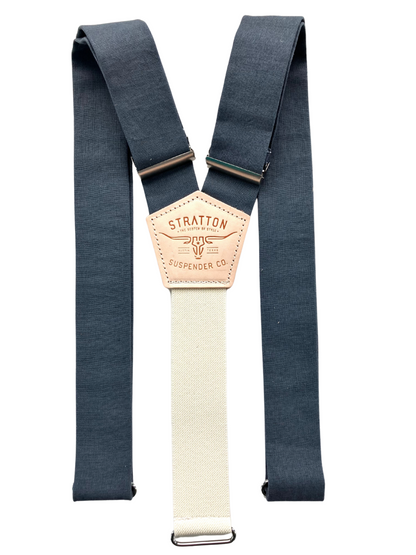 Back view of slate blue button-on suspenders with cream elastic and leather patch — handmade in USA for groomsmen or rustic weddings