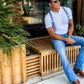 Handmade denim blue linen suspenders for men styled casually outside Tecovas on South Congress in Austin, Texas — perfect button-on braces for rustic weddings and modern western fashion.