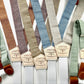 Spring wedding suspenders for men and kids in pistachio green, olive, burnt orange, dusty blue, and natural linen, handmade by Stratton Suspender Co. in Austin, Texas.