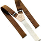 Full view of handmade copper brown linen button-on suspenders with cream elastic back strap and silver hardware. Rustic wedding and heritage menswear accessory by Stratton Suspender Co.