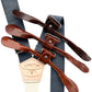 Slate blue linen button-on suspenders with brown leather tabs and vintage logo patch — handmade in USA, ideal for groomsmen or rustic weddings